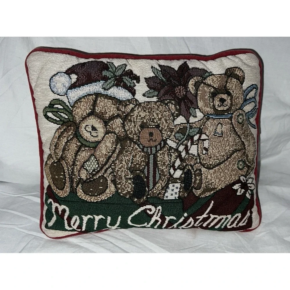 Christmas Holiday Tapestry Throw Pillow Merry Christmas Teddy Bears 12x9